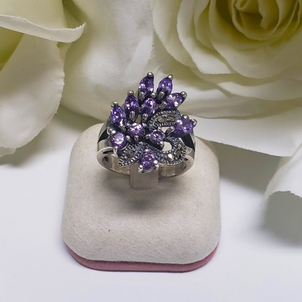 Vintage 925 Silver With Amethyst Stone Marcasite Women Ring
